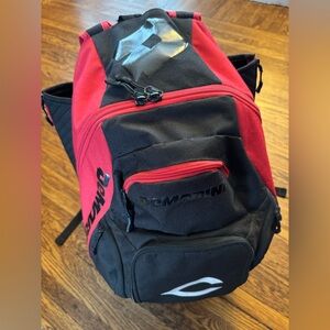 DeMarini Voodoo OG baseball backpack in scarlet red and black.